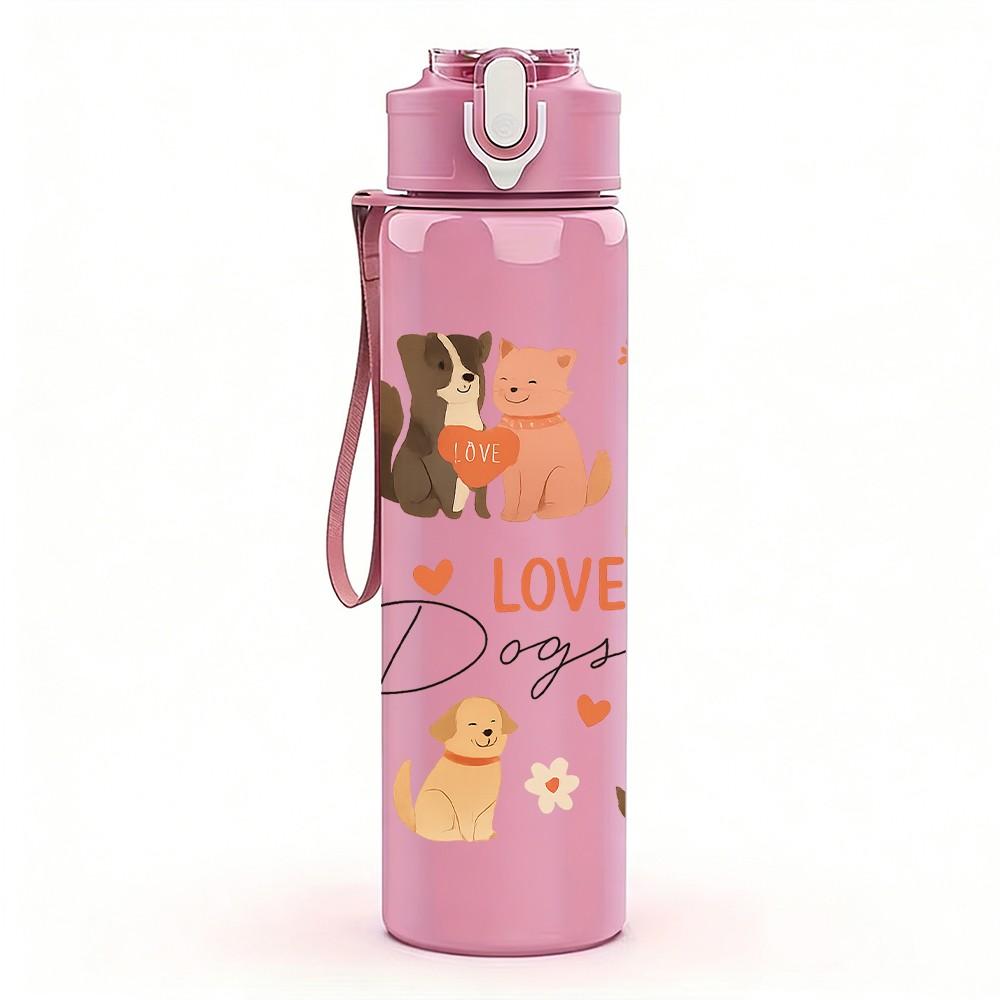1PC Love Dog Cat Sticker Pack 750ml Color Plastic Sports Water Bottle Leakproof Flip Straw Lid Suitable for Sports Office Home Use