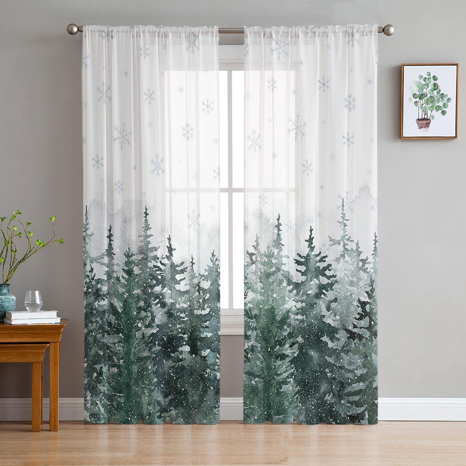 

Рождественские акварельные оконные шторы из соснового леса для гостиной, спальни, современные тюлевые шторы из вуали, украшения 135W x 274H(cm)x2