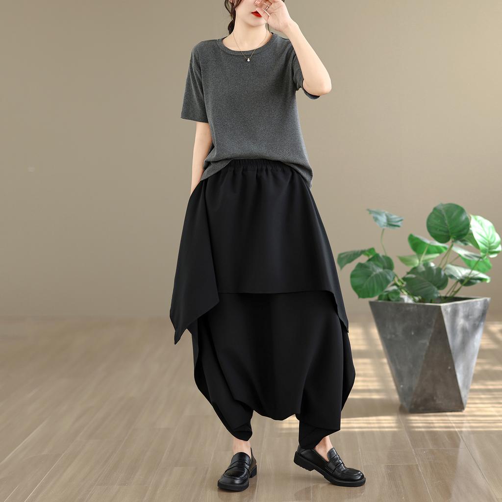 DIMANAF 2026 Summer Beach Plus Size Solid Black Long Pants Women Elastic Waist Loose Vintage Casual Trousers Skirt Pants Bottoms