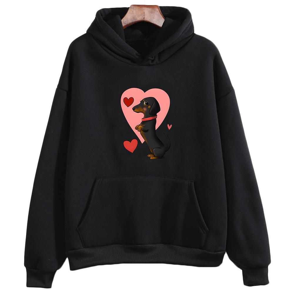 Kapuzenpullover mit Dackel-Grafik, niedlicher Tierdruck, Kleidung für Damen, liebevolle Kapuzenpullover, Herbst/Winter, Fleece-Sweatshirt, Unisex-Kapuzenpullover