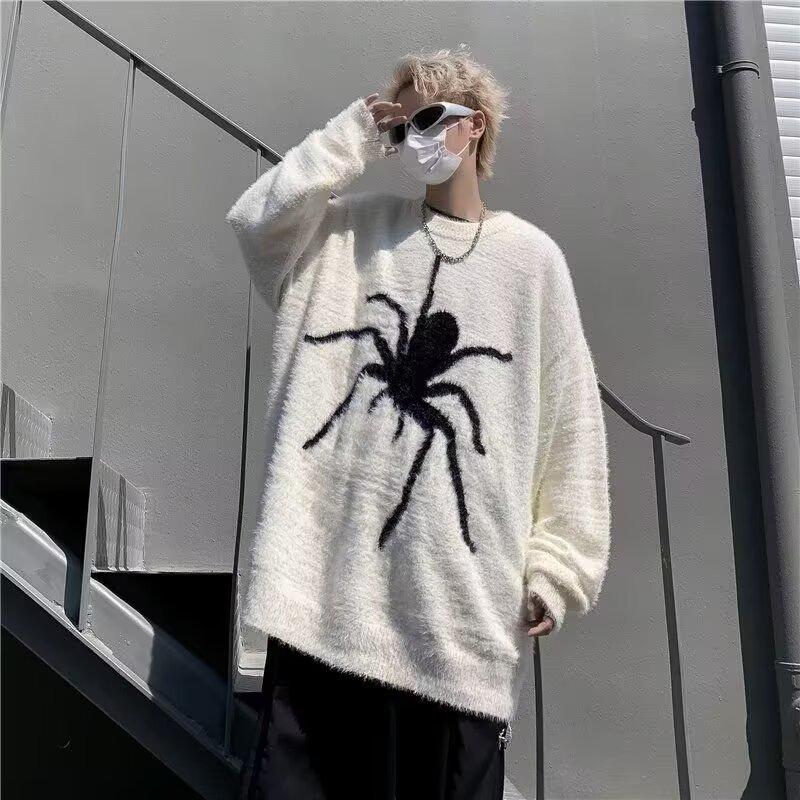 Unisex Plus Size American Retro Spider Sweater - High Street Autumn/Winter Style Mink Velvet Loose Knitwear