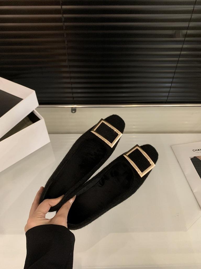 Coarse heel French black suede single shoes autumn and winter plush shoes square head commuter shoes