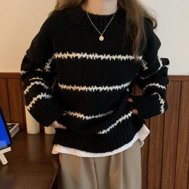 Retro Round Neck Loose Autumn Pullovers Sweaters Women Fashion Long Sleeve Striped Knitted Sweater Ladies Elegant Slim Jumpers Winter Clothing 25534