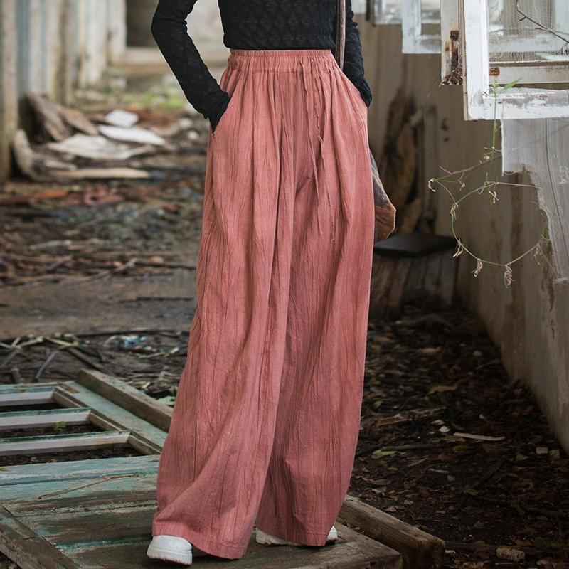 Johnature Women Vintage Wide Leg Pants Elastic Waist Tie-dye Trousers Autumn Loose Belt Long Pants