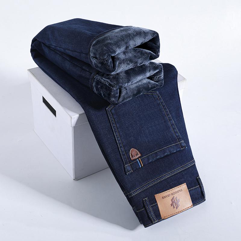 Winter Warm Jeans Men's Business Thick Work Pants Fashion High Waist Stretch Straight Pants Men's Pants