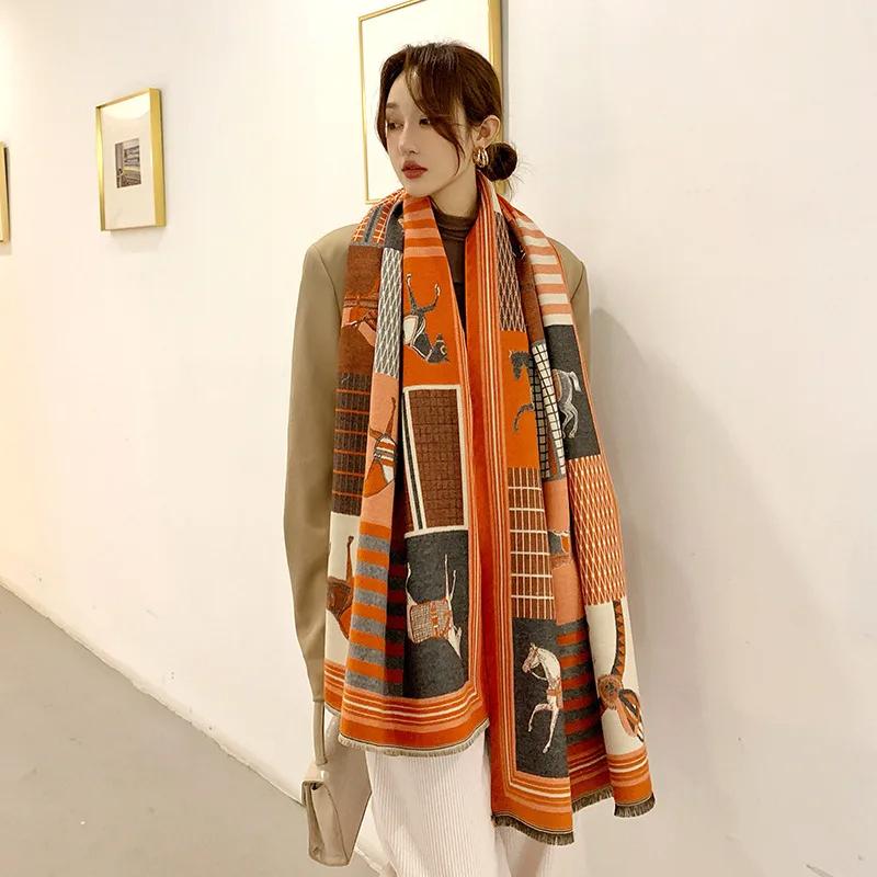 New Luxury Winter Cashmere Scarf Women Design Warm Pashmina Blanket Horse Scarves Female Shawl Wraps Thick Foulard Bufanda
