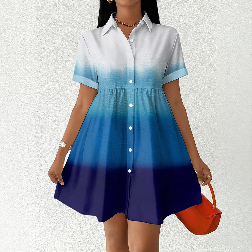 Women’s Casual Loose Fit Shirt Dress Button Down Stand Collar Short Sleeve Gradient Print Fashion Tunic Dress
