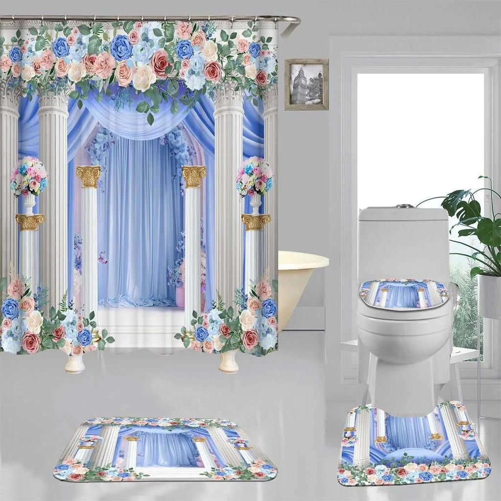 Elegant Blue Floral Shower Curtain Set Bathtub Curtains Non-Slip Carpet Bath Mat Toilet Cover Bathroom Set Decoration Without