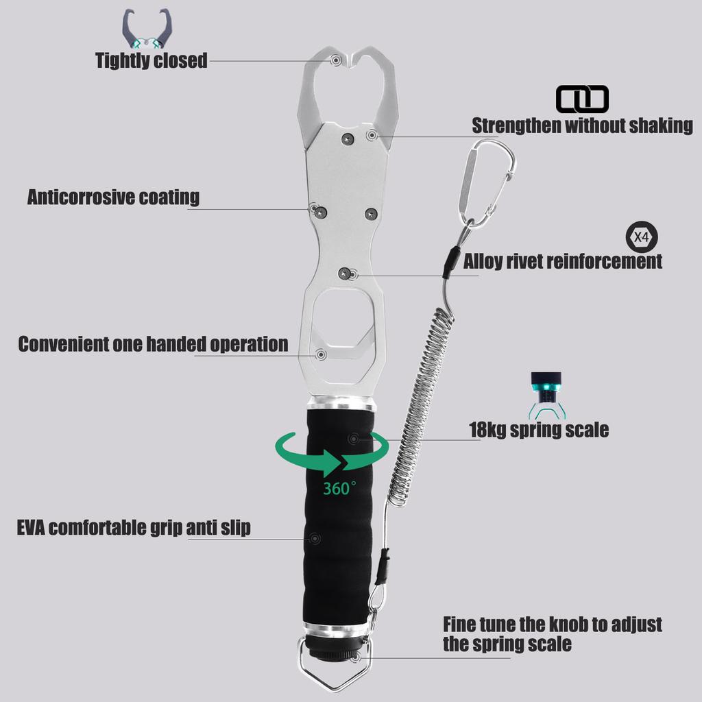 Nuovi Pinze Impugnatura Pesca in Lega di Alluminio Accessori Dispositivo di Controllo Pesci con Bilancia 18kg Bilancia a Molla Rotazione 360° Strumento di Presa Regolabile Acqua Salata