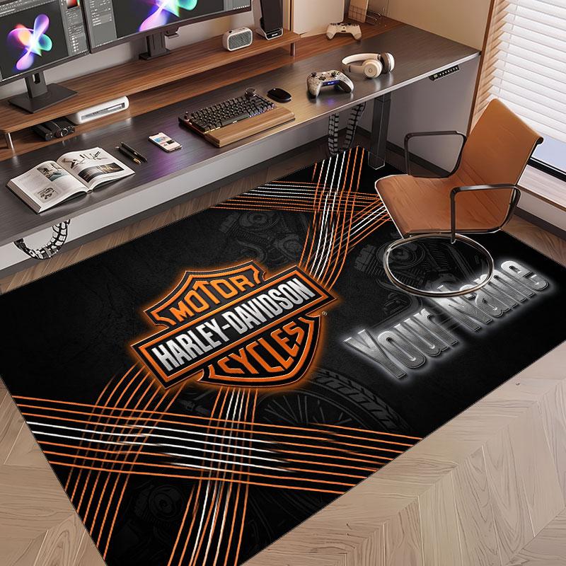Custom Rug Harley-Davidson Pattern Print Name Text Soft Non‑Slip Floor Carpet for Home Indoor Decoration