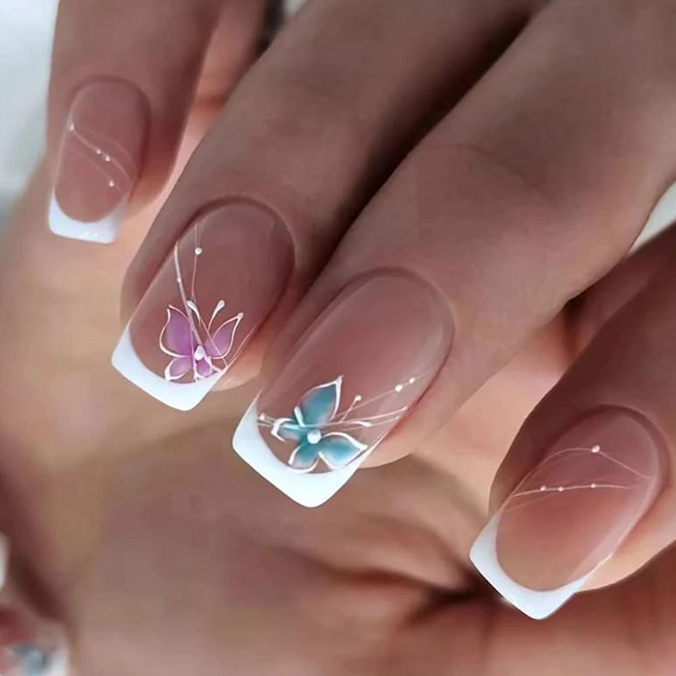 

24Pcs Short Square Press On Nails, Nude with White French Tips & Minimalist Butterfly Fake Nails Kit United States