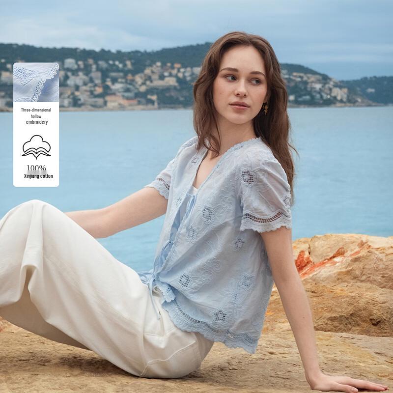 INMAN French V-Neck Embroidered Cotton Blouse XL