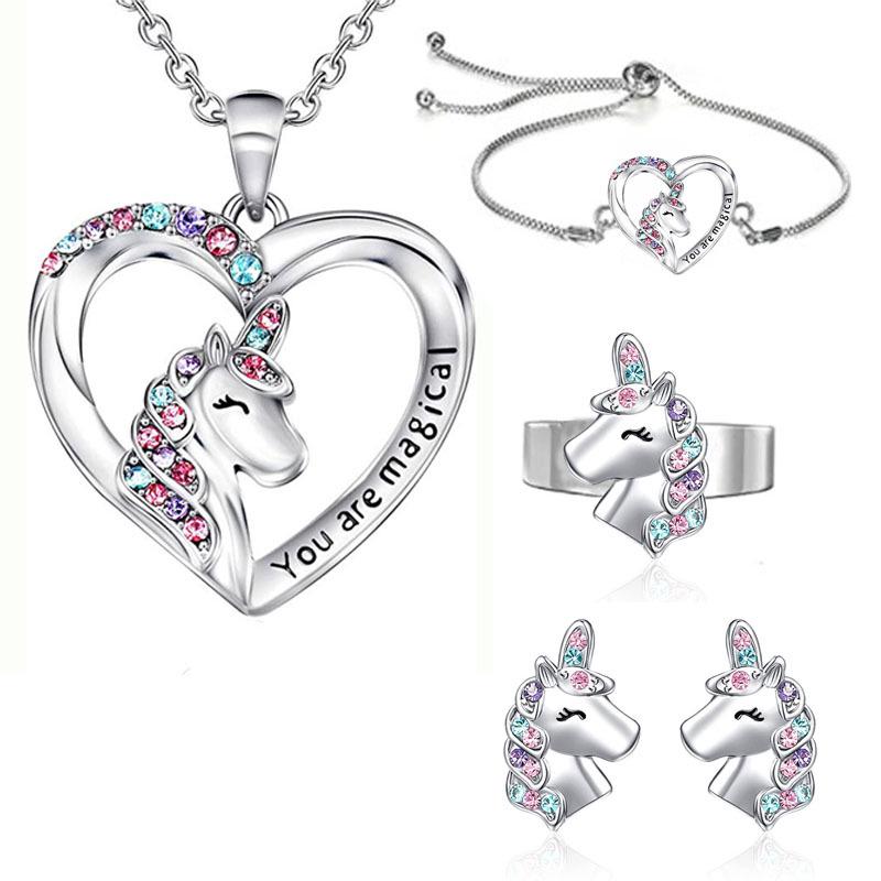 Colorful Heart-Shaped Unicorn Necklace & Earring Set for Kids