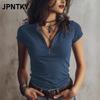 JPNTKY Women's Fashion Casual Solid Color Print Short Sleeve V Neck Blouses & Shirts