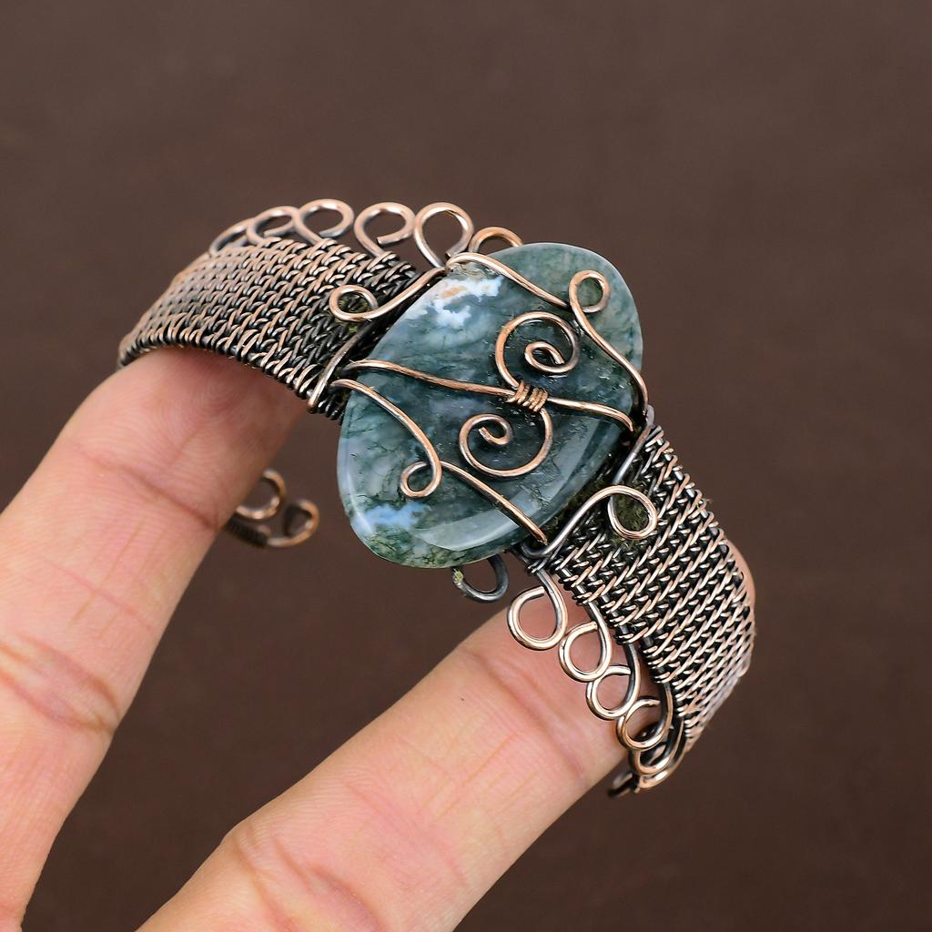Natural Green Aventurine Gemstone Handmade Copper Wire Wrap Bangle Adj. H4d32