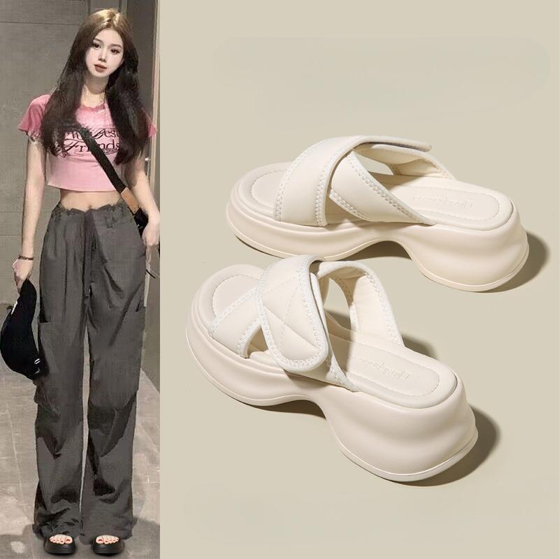 Cool slippers women's summer wear fashion 2025 new one-word drag thick-soled Velcro cross casual beach slippers women