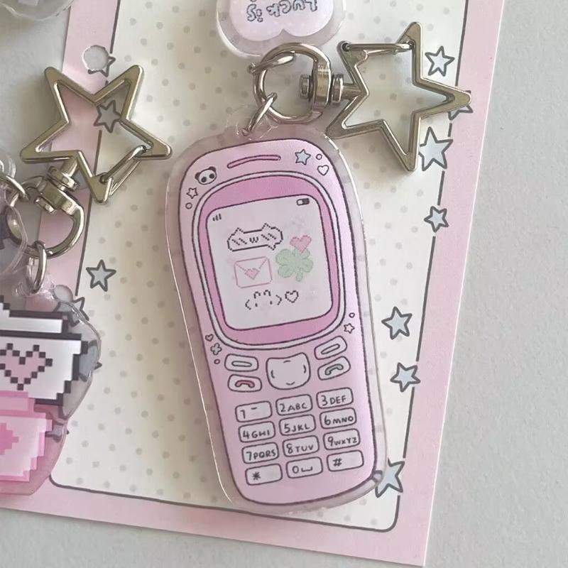 INS Trendy Pixel Cartoon Acrylic Keychain 4 Styles Retro Flip Phone Dolphin Rabbit Pendant for Teen Backpack Decor