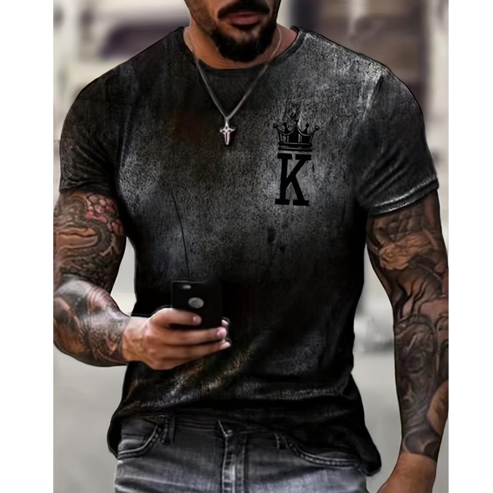 

2024 Новая мужская винтажная футболка Crown K 3D Print Plus-Size Hip Hop Personality с короткими рукавами Повседневная свободная мужская одежда S