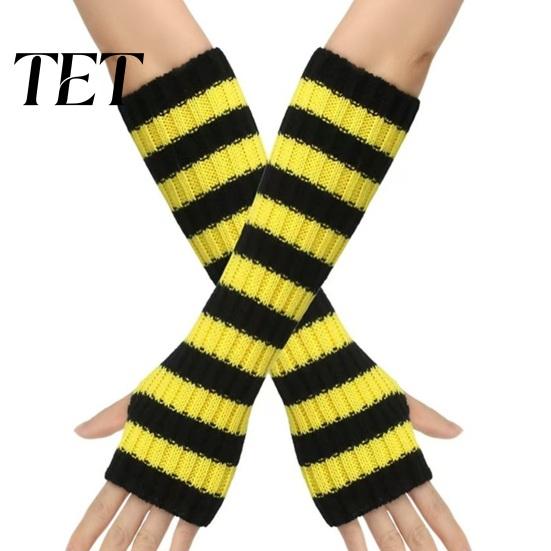 Stylish Half Finger Gloves Striped Knitted Arm Warmers for Women, Fingerless Sleeves, Soft Winter Daily Commuting Gear Thermal Wrist Autumn