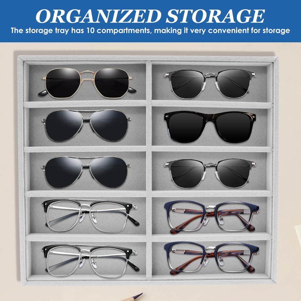 Sunglass Organiser 10 Slots Plush Glasses Display Tray Stackable Eye Wear Collection Storage Organizer for Home Display