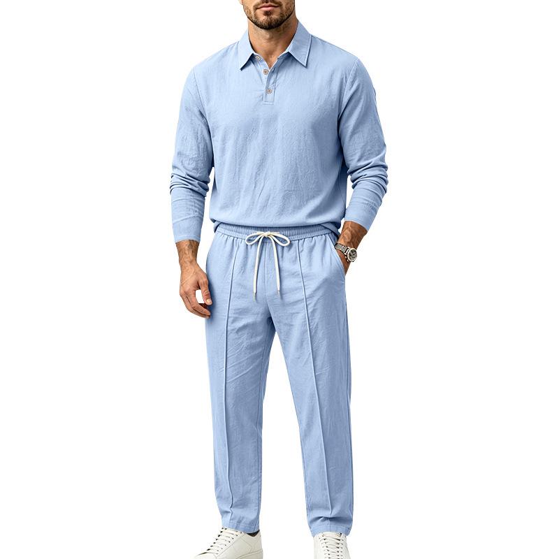 Grenzüberschreitender Herren-Leinen-Langarm-Poloshirt und Gerade Hosenanzug