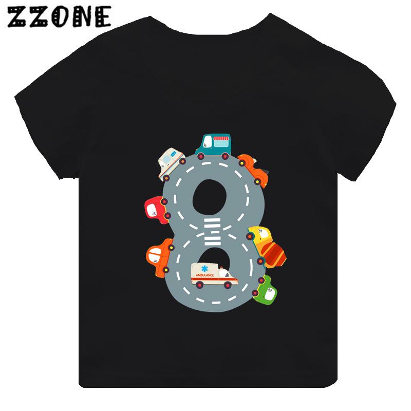 Hot Sale Different Car Print Funny Boys Clothes 1 2 3 4 5 6 7 8 9 Years Birthday Number Cartoon Kids T shirt Baby Girls TShirts
