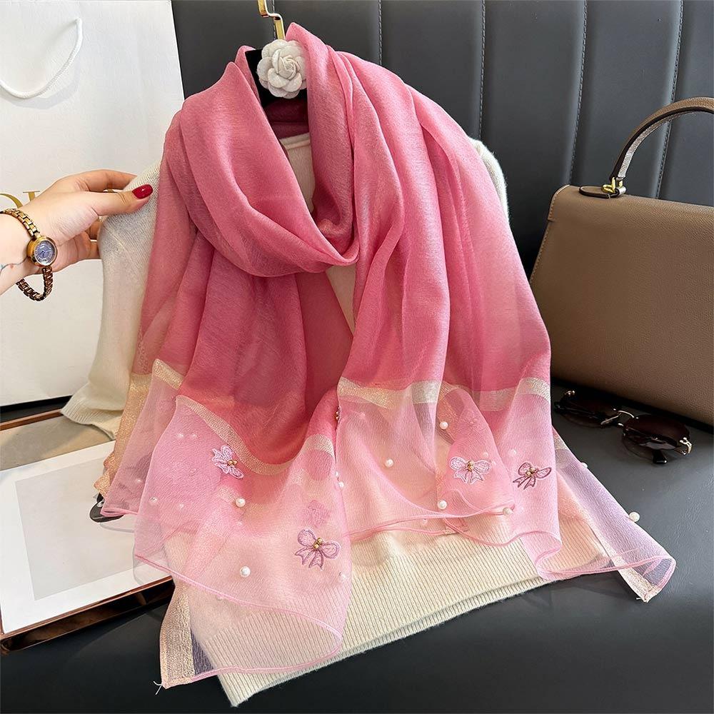 

Bow Pearl Silk Scarf Breathable Bandana Luxury Headkerchief Spring рожевий