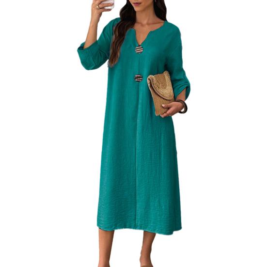 

Summer Cotton Dress for Women Long Sleeve V Neck Flowy Long Dress Casual Beach Vacation A-line Sundress S циан