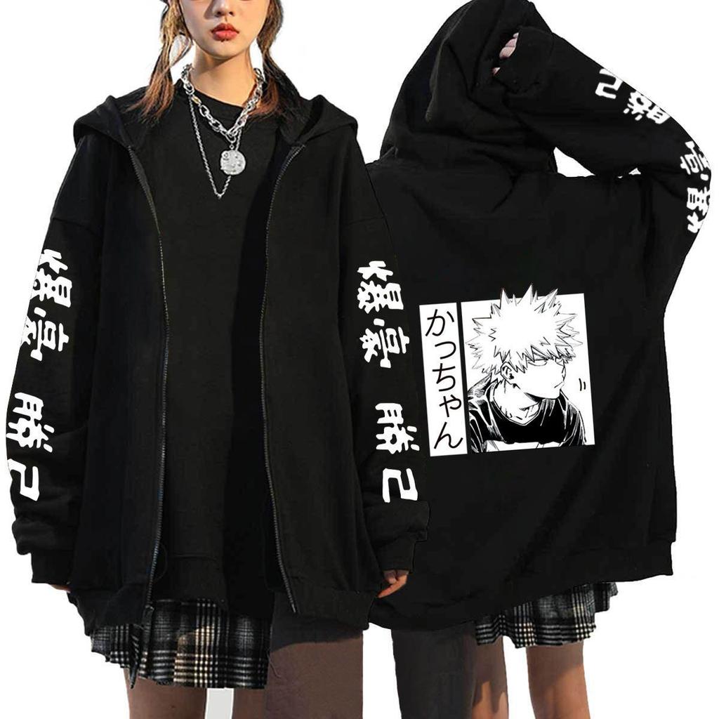 My Hero Academia Katsuki Bakugo Japanese Text Hoodie Men Black Cotton Casual Long Sleeve Autumn Winter Streetwear