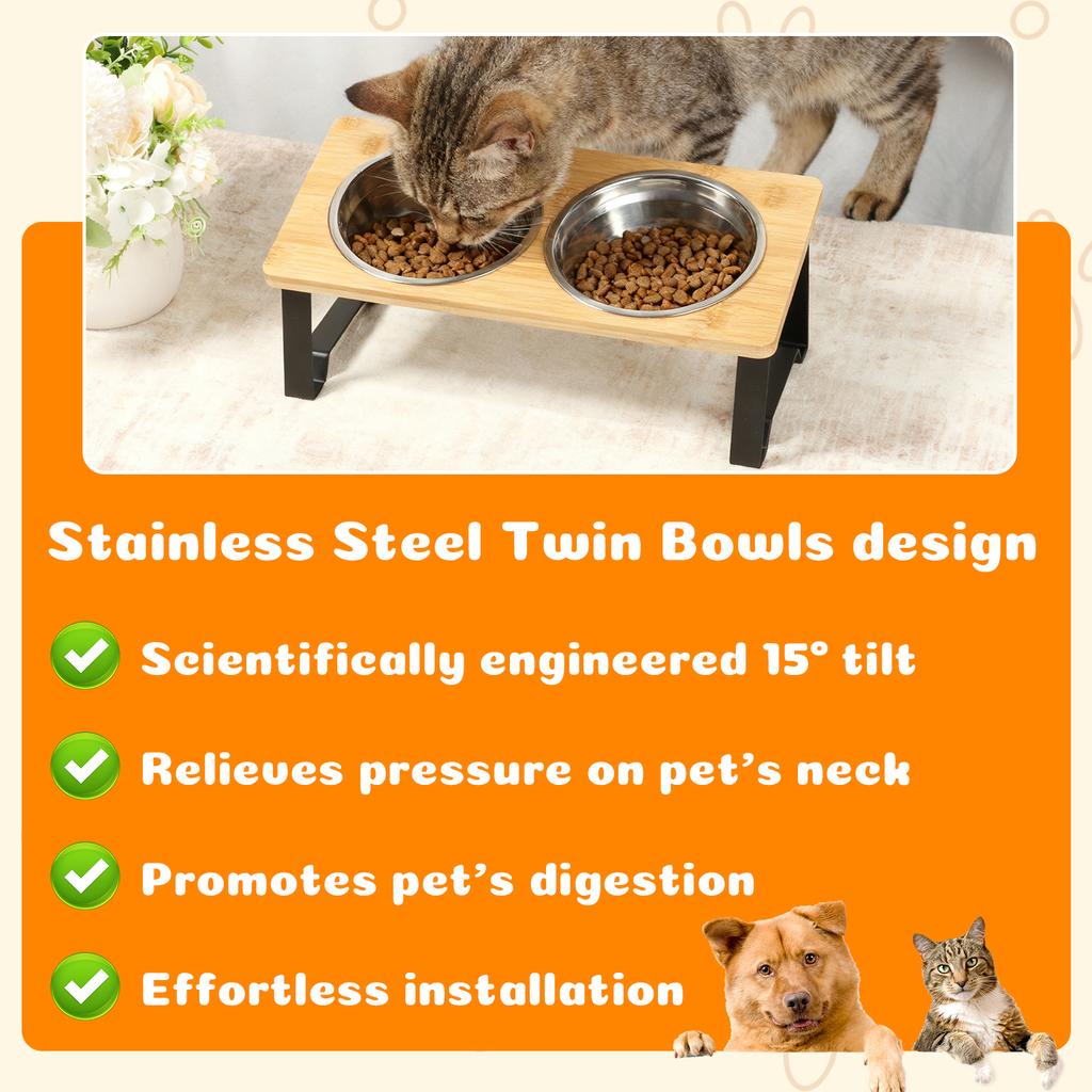 Elevated Cat Bowl Stand Anti Slip Bamboo Wood with 2 Stainless Steel Dish Water Feeding Rack Cat Food Dining Tables