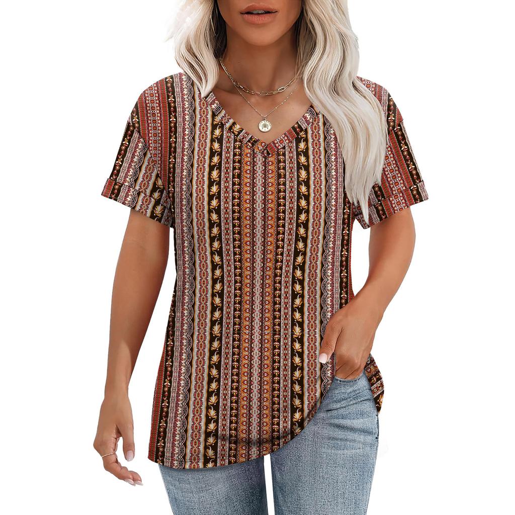 Women's V Neck Short Sleeve Casual Top Lightweight Loose Fit Pullover Blouse with Printed Pattern for Spring Summer Wear