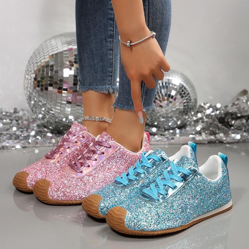 2025 Women's Sneakers Luxury Sequined Casual Shoes Fashion Outdoor Vulcanized Shoes for Women Lace Up Flats Zapatillas De Mujer