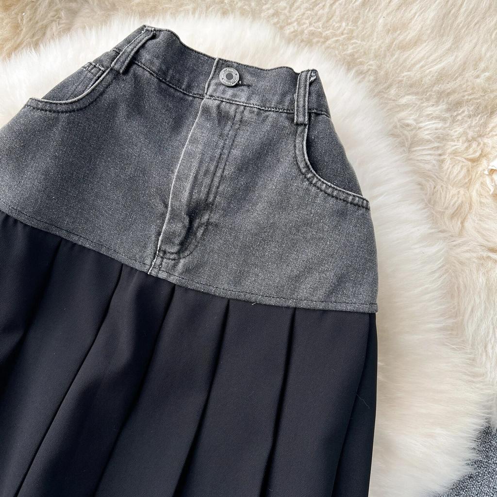 Denim Skirt Women's Design Contrast Color Patchwork Heavy Industry Pleat Long Pleated Skirt High Waist Slimming A- line Skirt