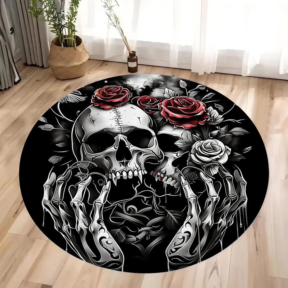 

MINISO Halloween Terrifying Rose Skull Round Carpet Gothic Rose Carpet Bedroom Living Room Decoration Halloween Gift 80x80cm