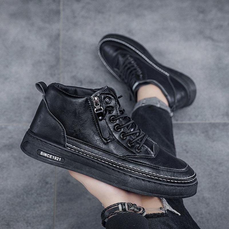 Mode Herren Leder Freizeitschuhe 2024 Frühling High Top Plateau Lederstiefel Kurz Schnürstiefel Fell Warm Stiefeletten Herren Arbeitsschuhe Botas