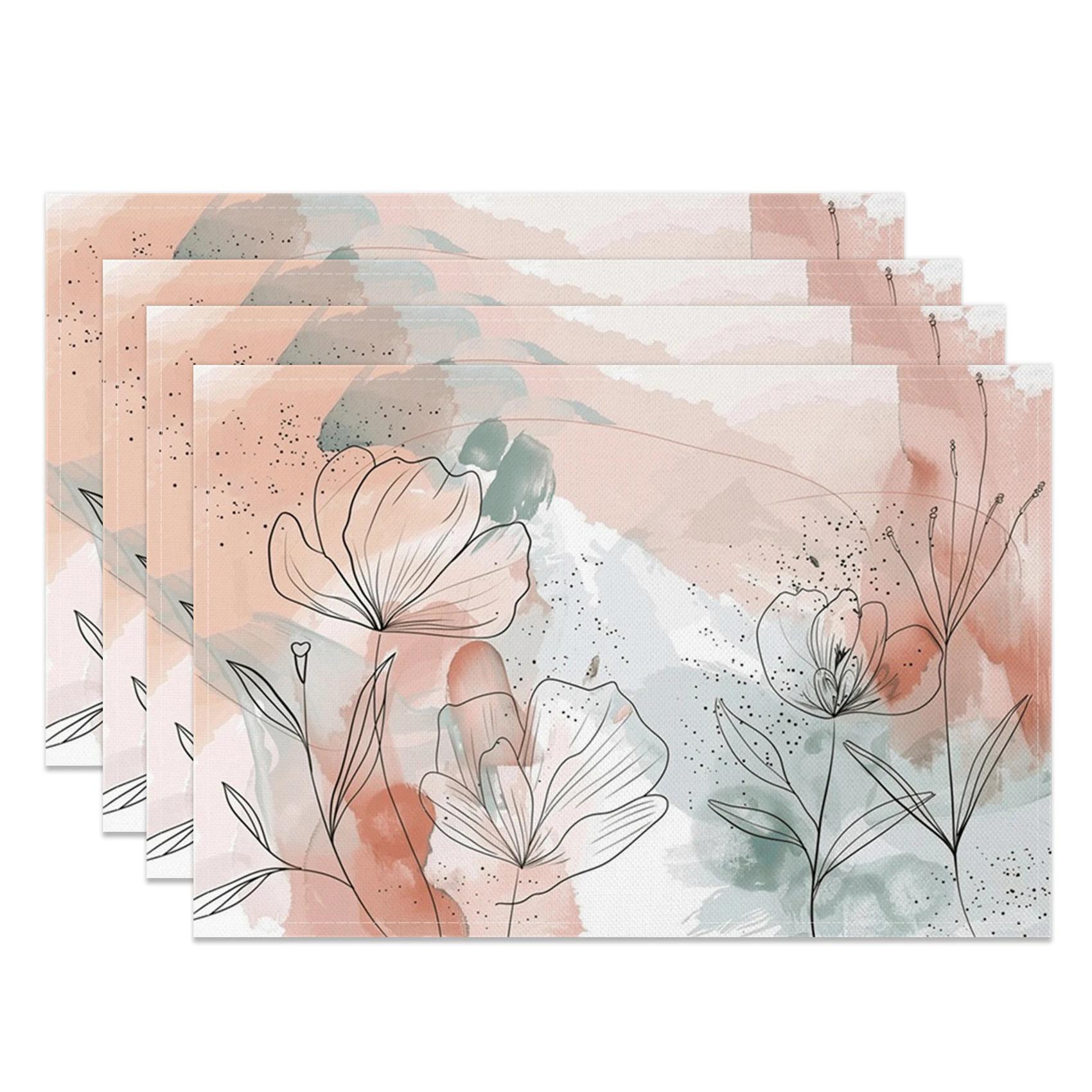 

4pc Watercolor Floral Bohemian Style Placemat, Washable & Non-Slip, Home Kitchen & Dining Table Mat 4pcs