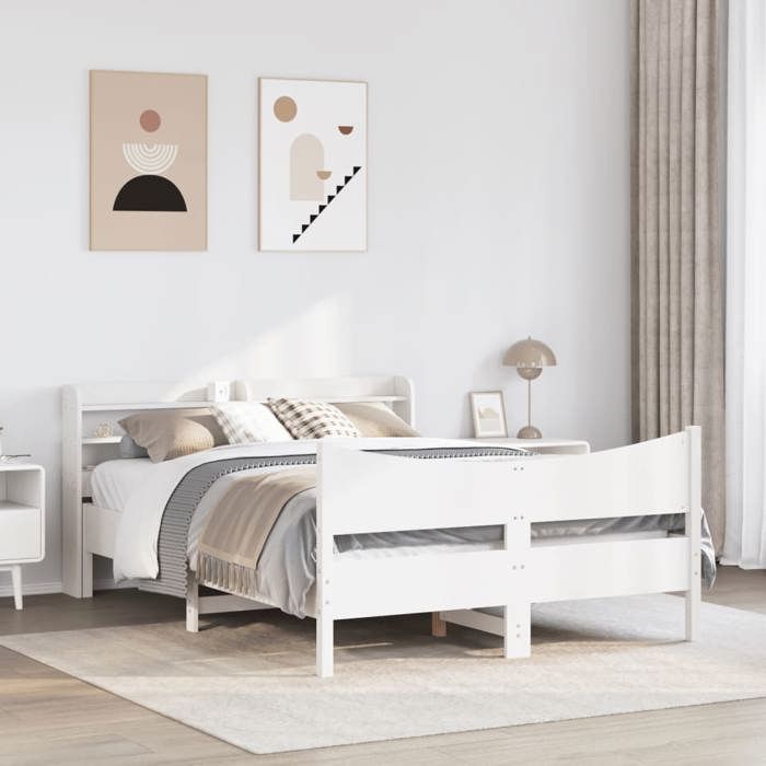 VidaXL Bed Frames and Headboard White 140x190 Cm Solid Pine Wood, Slatted Base, Double Bed Frame, Wooden Bed Frame 3307057