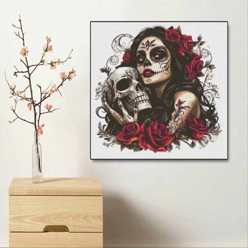 DIY Diamond Painting Canvas Day of The Dead Sugar Skull Rose Woman Pattern 5D Rhinestone Art Kit for Home Wall Decor Supplies