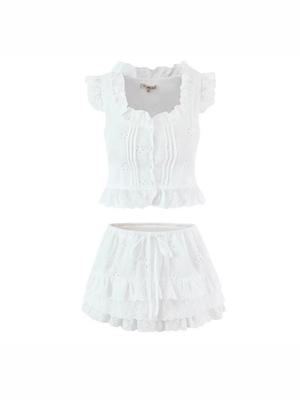 Girly Lace Flutter Sleeve Blouse & Layered Skirt Set