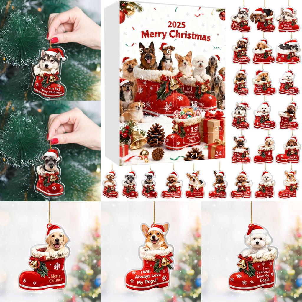 Weihnachts-Hunde-Adventskalender 24 weihnachtliche Ornamente mit Hundemotiv Feiertags-Countdown-Kalender Hunde mit roten Schuhen Perfekt für Tierliebhaber, Tierbesitzer