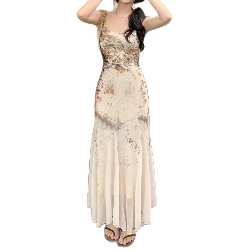 Summer Light Luxury Suspender Dress Women's Spring Waist and Thin Belly and Hip Long Dress Design Sense National Style Floral Skirt