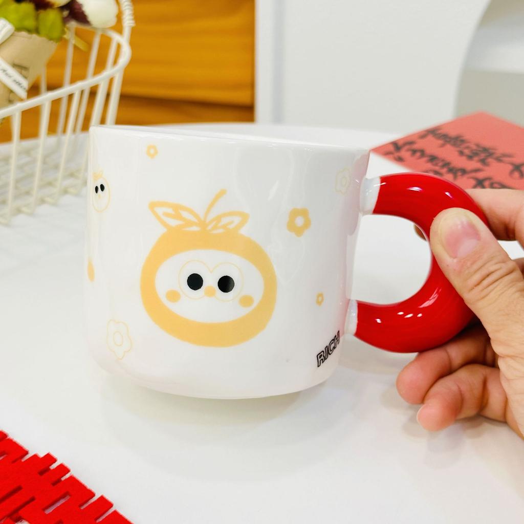 Small Orange with Lid Spoon Red Ceramic Cup Cartoon Cute High Value Mug Household Water Cup Set