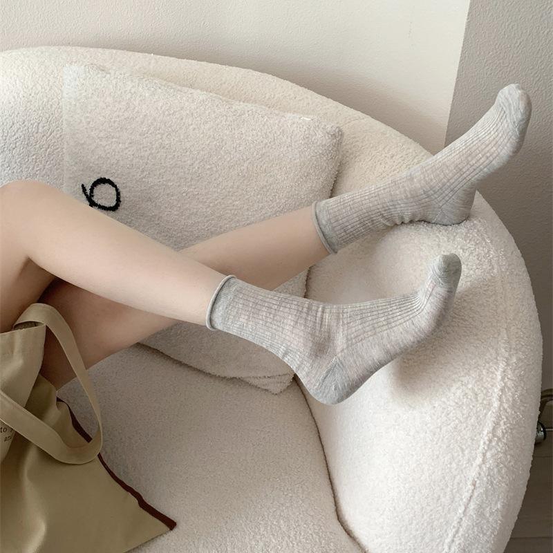 Rolled-up Socks, Women's Mid-calf Socks, Trendy Spring and Summer Cotton Socks, Thin Mesh Breathable Pile Long Socks