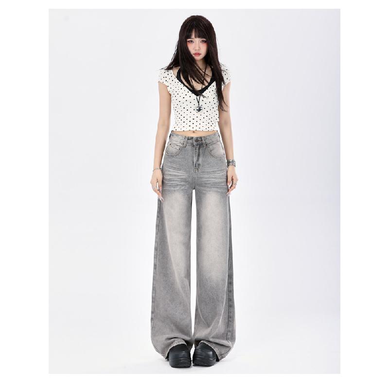 American Retro Style Smoky Gray High-end Wide-leg Jeans for Women, 2026 New Model, Drapey, Loose, Straight-leg, Floor-length Pants