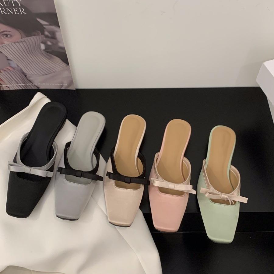 Flat Bottom Summer Green with Skirt Bag Head Half Slippers Fairy Shoes 2024 Summer Outer Wear Bow Small Sandals