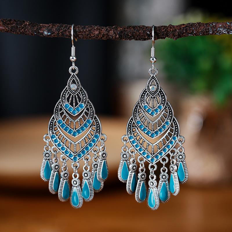 Bohemian Ethnisch Lang Blau Acryl Kristall Wassertropfen Ohrringe für Damen Retro Temperament Geometrisch Hängende Ohrringe Schmuck