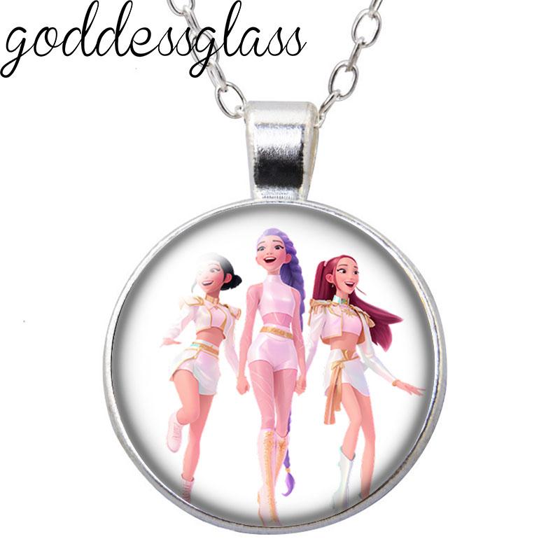 K-Pop Demon Hunter Anime Film Rumi Zoey Mira Cartoon Round Photo Glass cabochon silver plated pendant necklace jewelry Gift