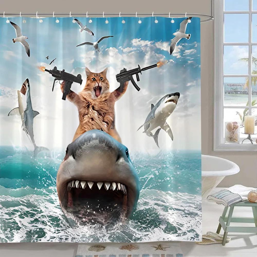 Cute Funny Dog Shower Curtain Cat Riding Dinosaur Funny Pet Cartoon Shower Curtain Boys Girls Bathroom Decor Shower Curtains