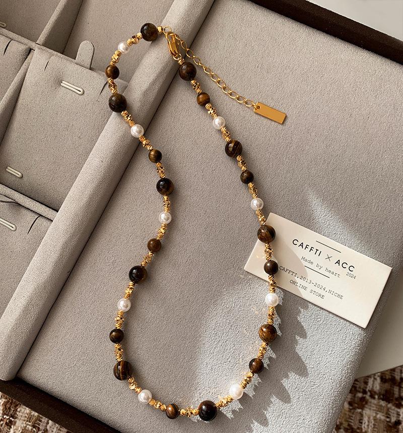 Real Gold Electroplated Retro Tiger'S Eye Stone Pearl Necklace Niche Design Temperament Light Luxury Fashion Ethnic Style Collarbone Chain