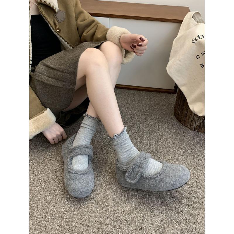 

Модные ретро-стильные плюшевые хлопковые туфли на липучке, женские осенне-зимние новые туфли с круглым носком, уродливо милые теплые туфли 40 светло-серый